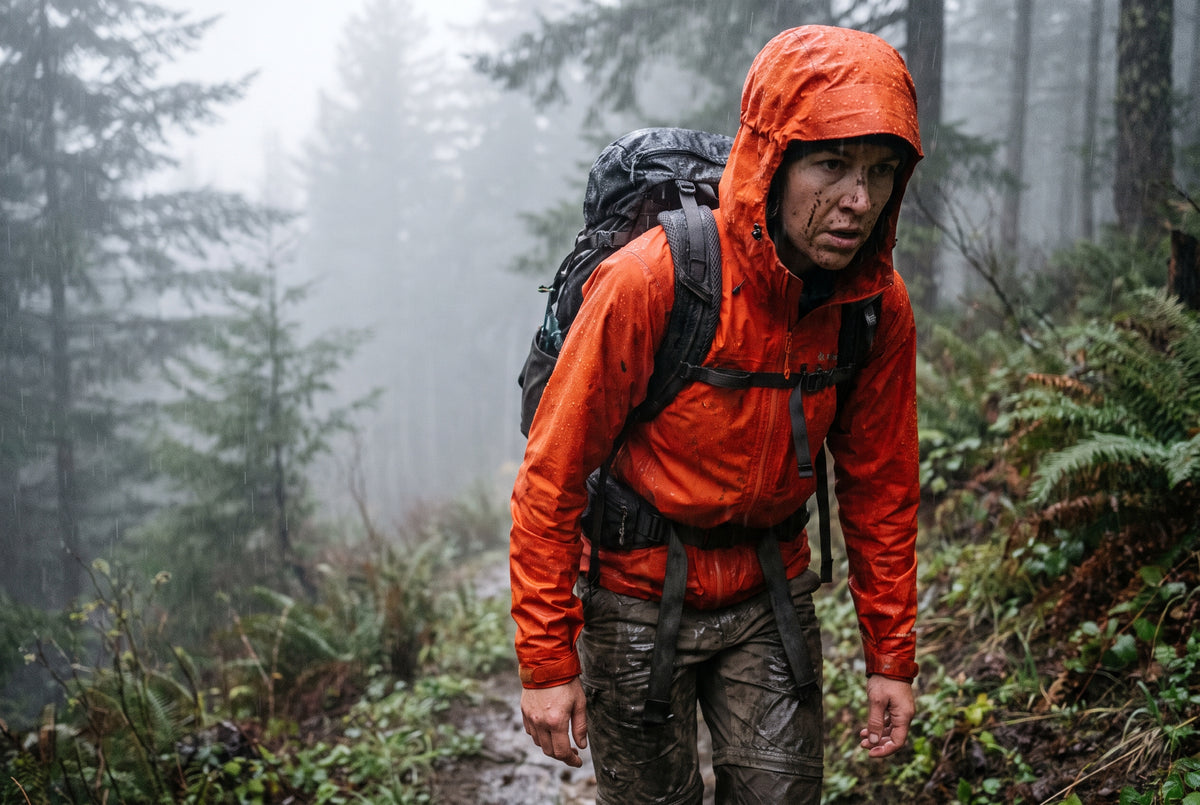 Rain Jacket - Hiker in authentic wet conditions